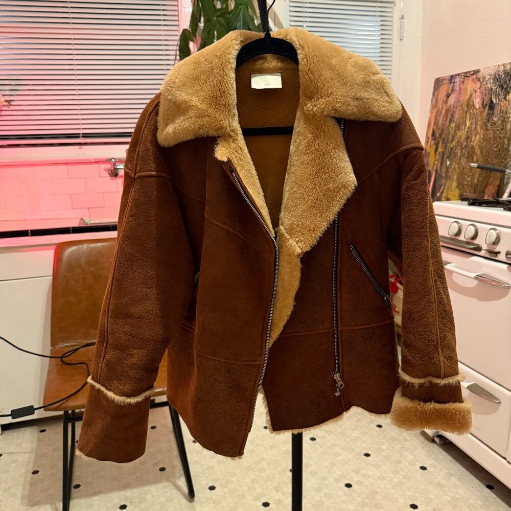 Sandro Oversized Sheepskin Suede Shearling Aviator Jacket